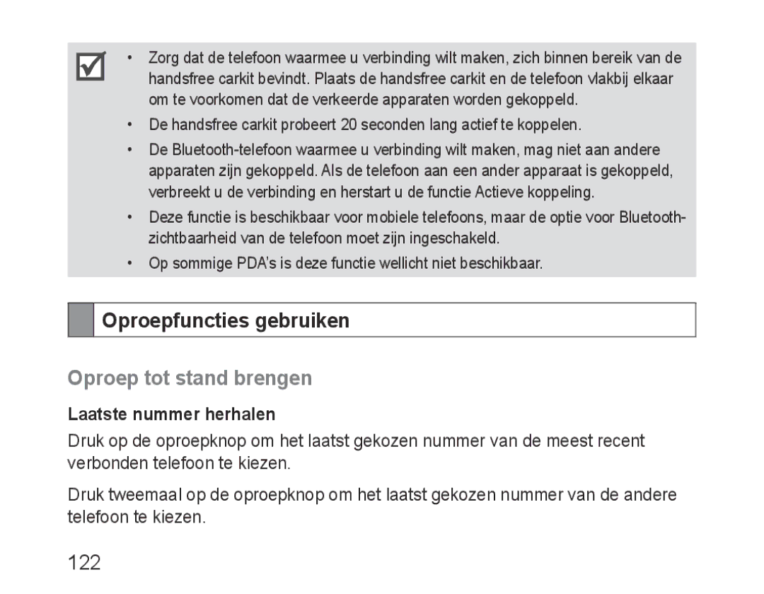 Samsung BHF1000VBECXSG, BHF1000VBECXEF Oproepfuncties gebruiken, Oproep tot stand brengen, 122, Laatste nummer herhalen 