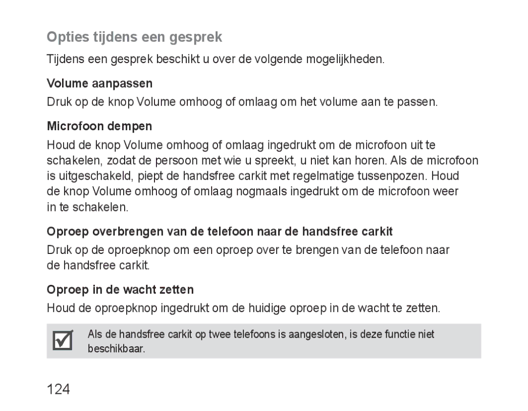 Samsung BHF1000VBECXEH, BHF1000VBECXEF, BHF1000VBECXET, BHF1000VMECFOP, BHF1000VBECFOP manual Opties tijdens een gesprek, 124 