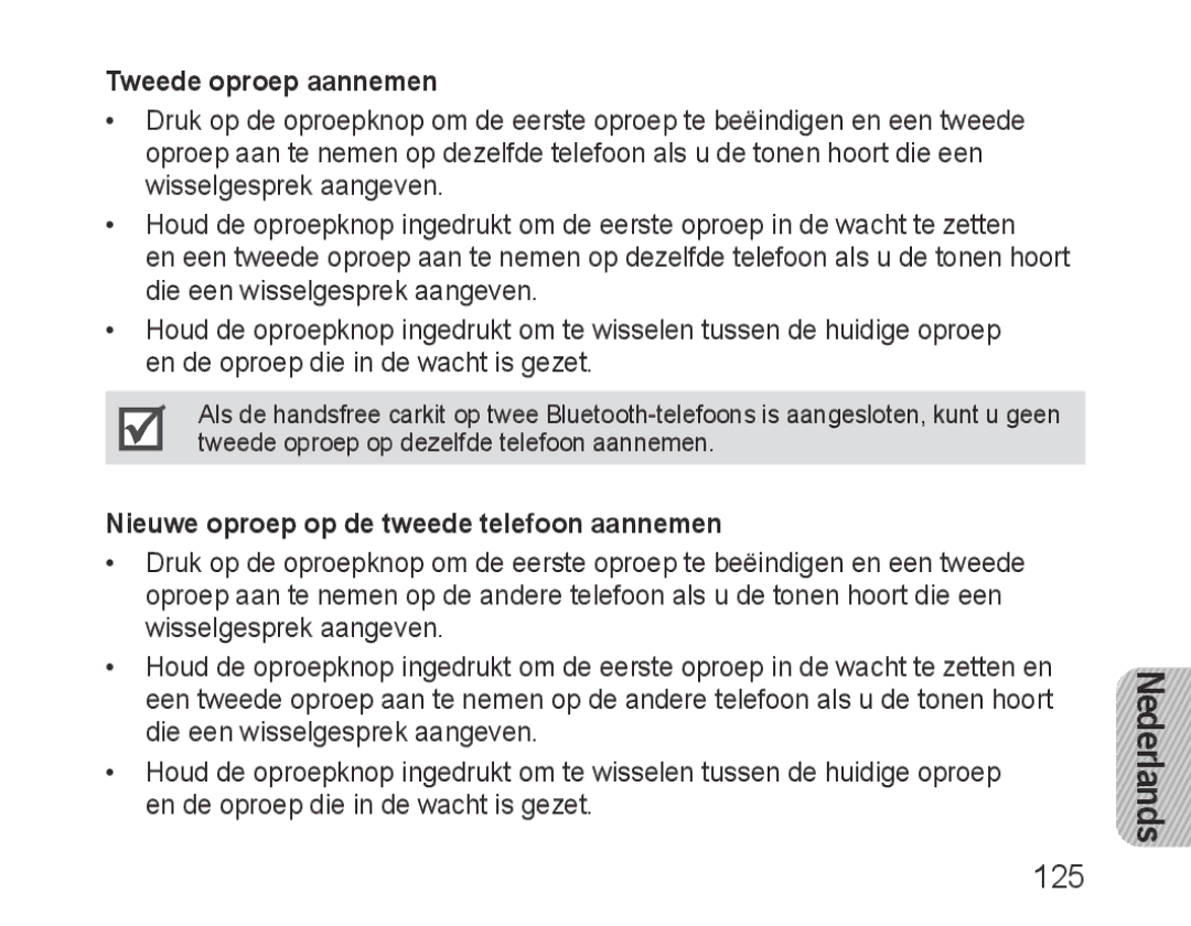 Samsung BHF1000VBECSEB, BHF1000VBECXEF manual 125, Tweede oproep aannemen, Nieuwe oproep op de tweede telefoon aannemen 