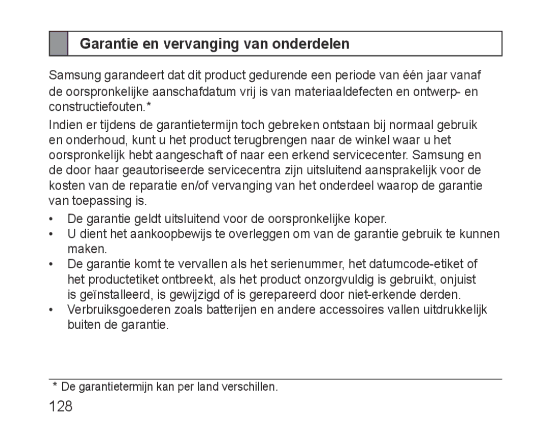 Samsung BHF1000VBECXEF, BHF1000VBECXET, BHF1000VMECFOP, BHF1000VBECFOP manual Garantie en vervanging van onderdelen, 128 