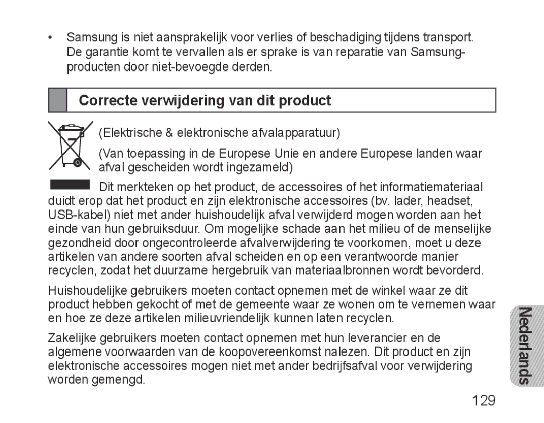 Samsung BHF1000VBECXET, BHF1000VBECXEF, BHF1000VMECFOP, BHF1000VBECFOP manual Correcte verwijdering van dit product, 129 