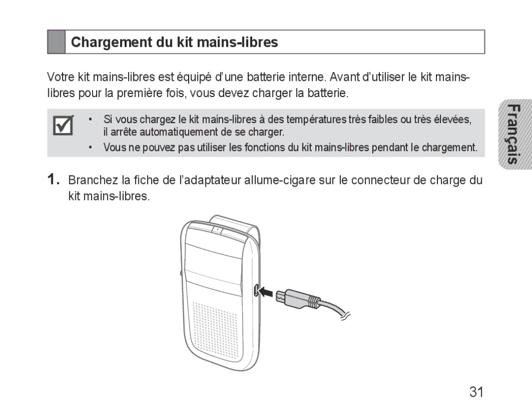 Samsung BHF1000VBECFOP, BHF1000VBECXEF, BHF1000VBECXET, BHF1000VMECFOP, BHF1000VBECXSG manual Chargement du kit mains-libres 