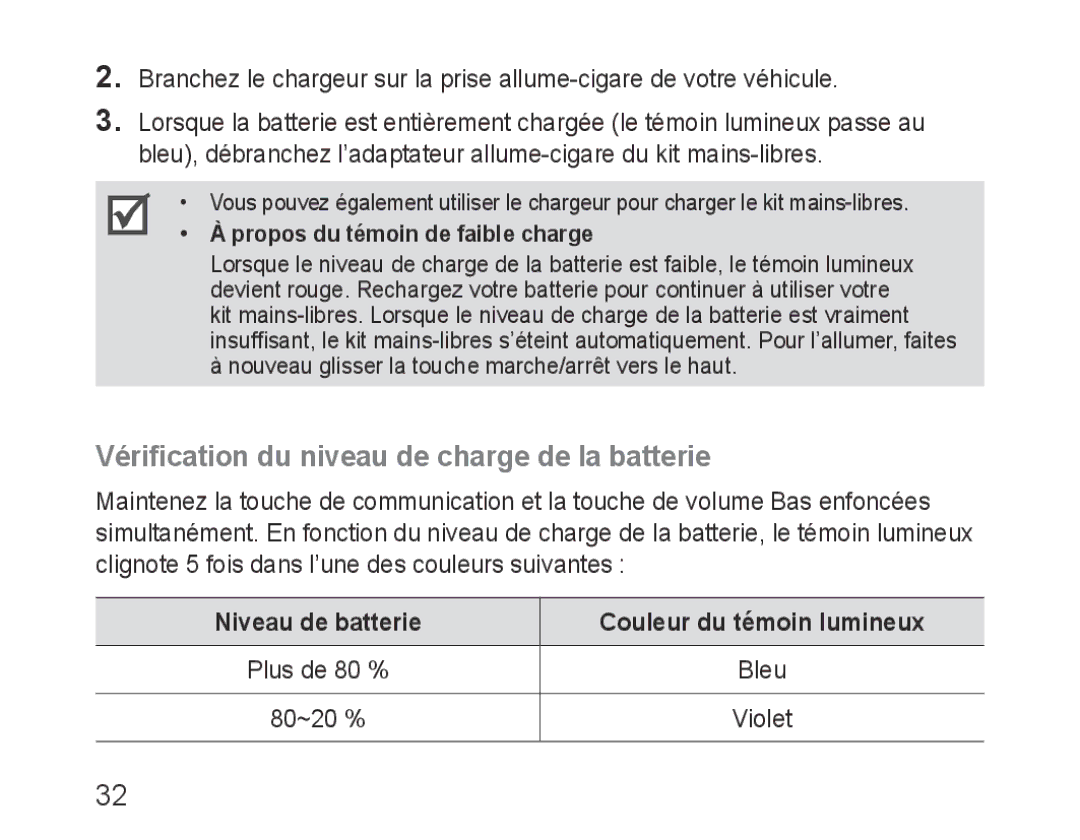 Samsung BHF1000VBECXSG Vérification du niveau de charge de la batterie, Niveau de batterie Couleur du témoin lumineux 