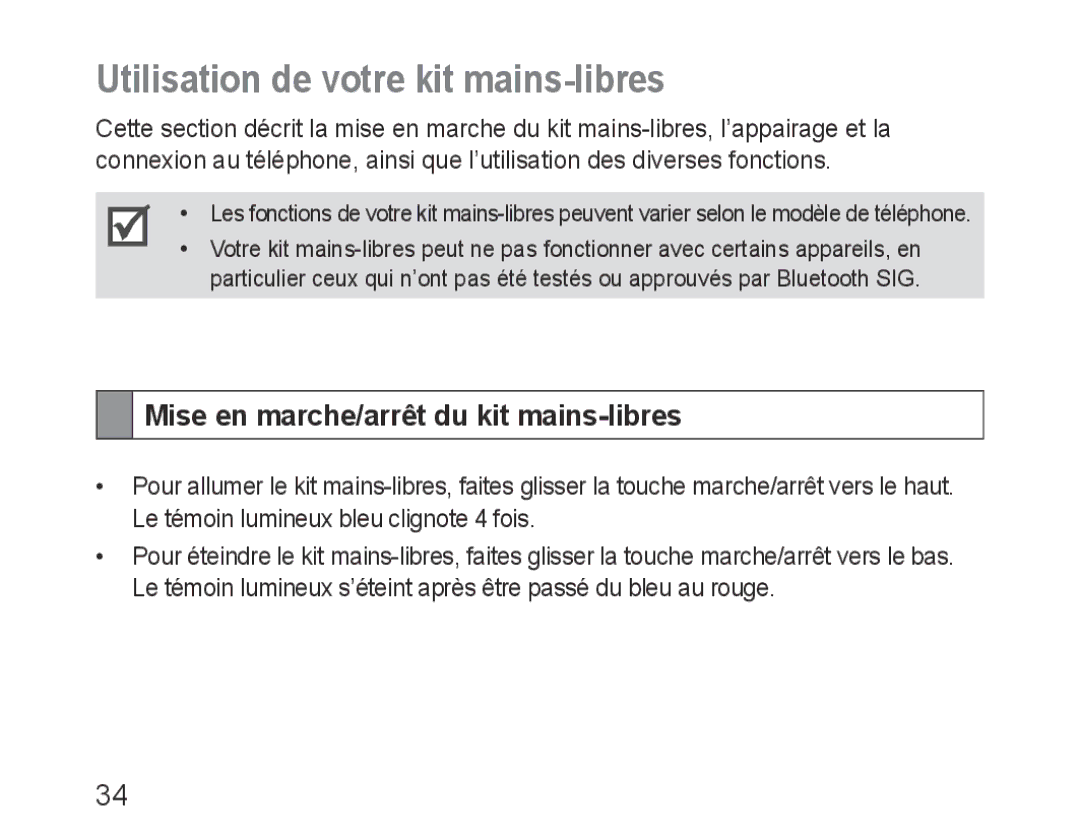 Samsung BHF1000VBECXEH, BHF1000VBECXEF Utilisation de votre kit mains-libres, Mise en marche/arrêt du kit mains-libres 