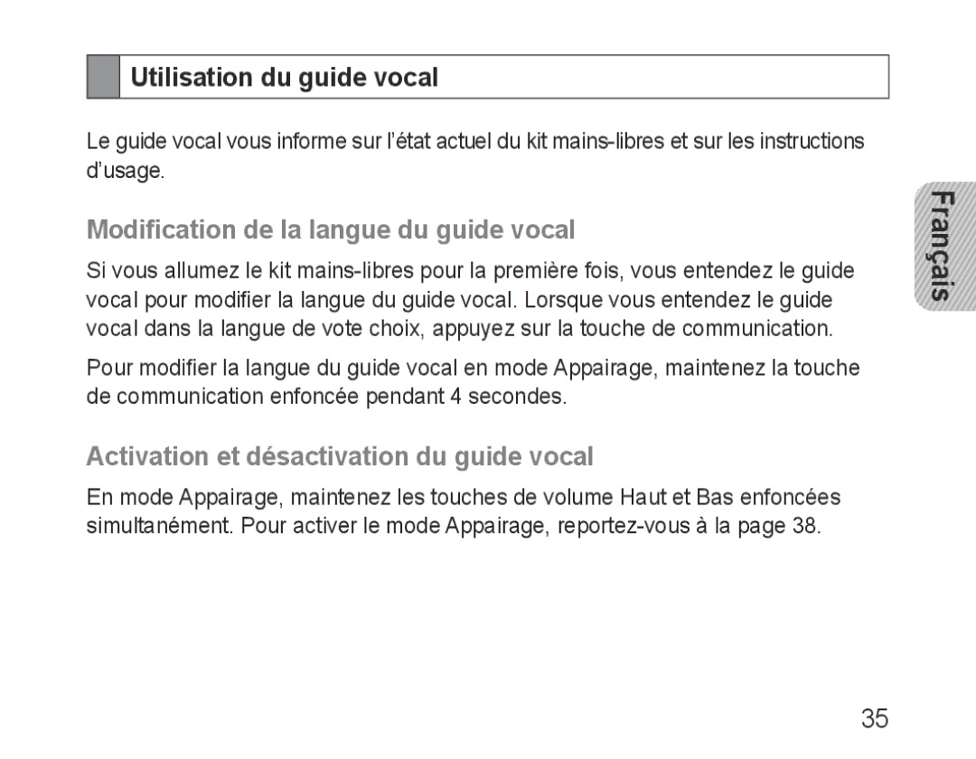 Samsung BHF1000VBECSEB, BHF1000VBECXEF, BHF1000VBECXET Utilisation du guide vocal, Modification de la langue du guide vocal 