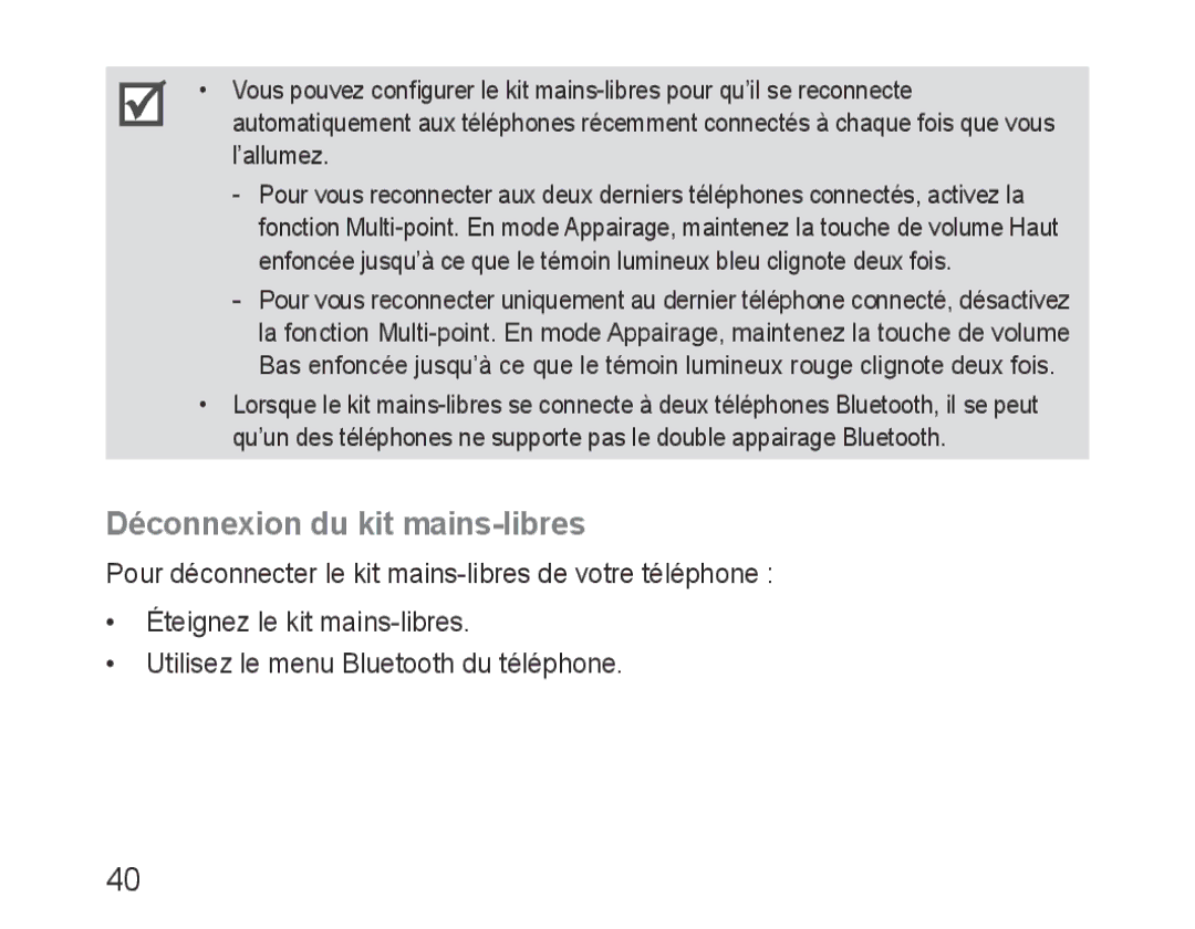 Samsung BHF1000VMECFOP, BHF1000VBECXEF, BHF1000VBECXET, BHF1000VBECFOP, BHF1000VBECXSG manual Déconnexion du kit mains-libres 