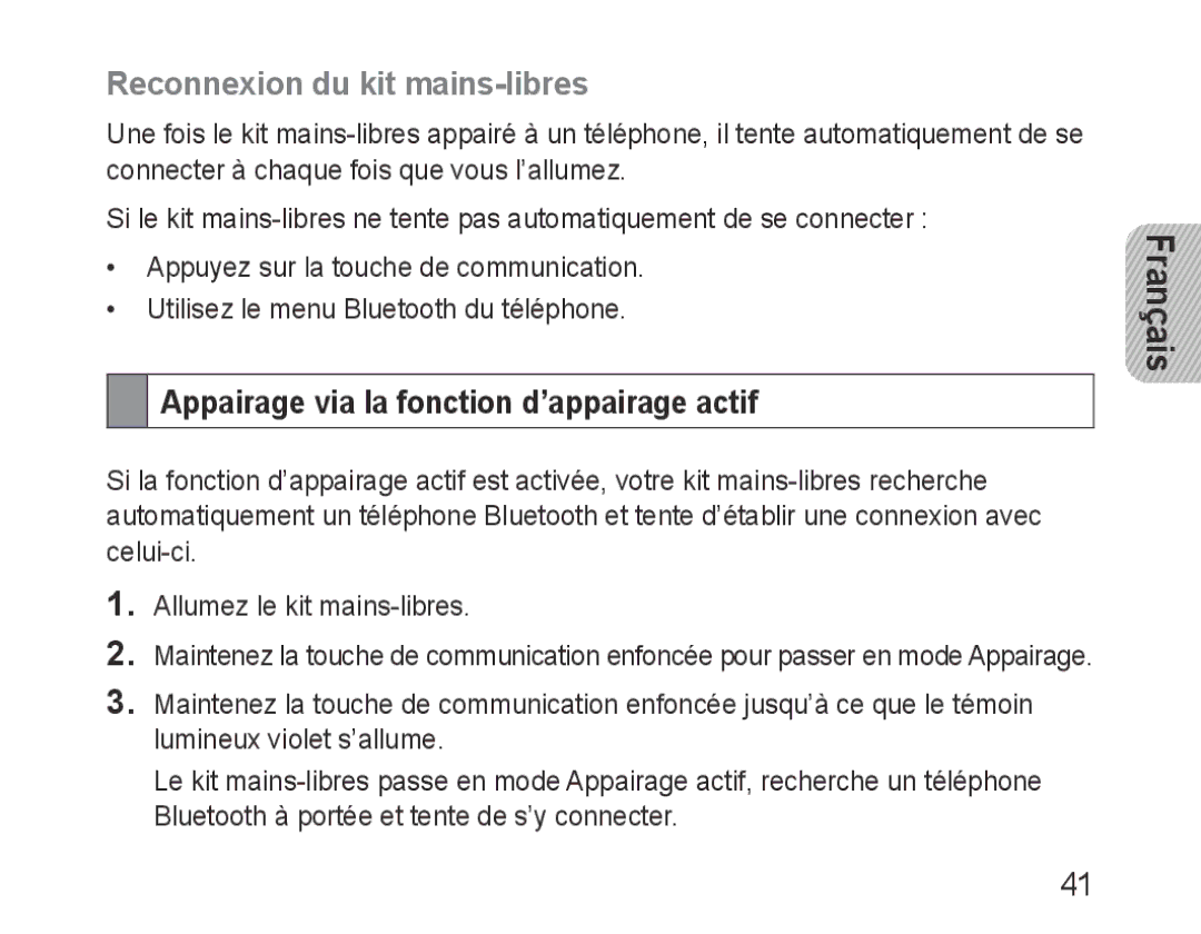 Samsung BHF1000VBECFOP, BHF1000VBECXEF manual Reconnexion du kit mains-libres, Appairage via la fonction d’appairage actif 