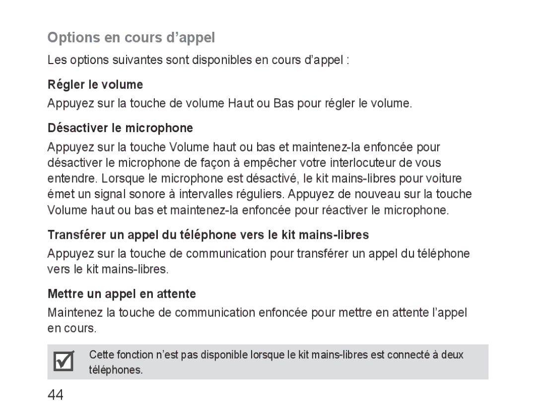 Samsung BHF1000VBECXEH Options en cours d’appel, Régler le volume, Désactiver le microphone, Mettre un appel en attente 