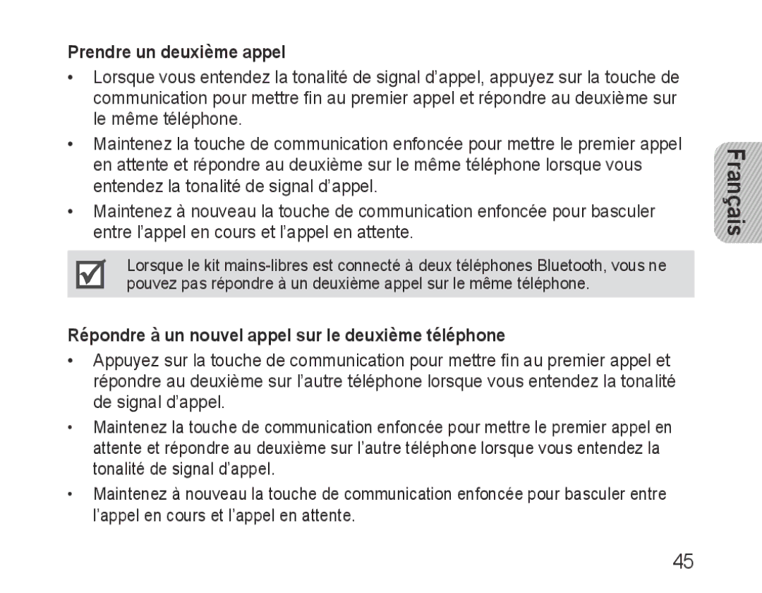 Samsung BHF1000VBECSEB, BHF1000VBECXEF Prendre un deuxième appel, Répondre à un nouvel appel sur le deuxième téléphone 