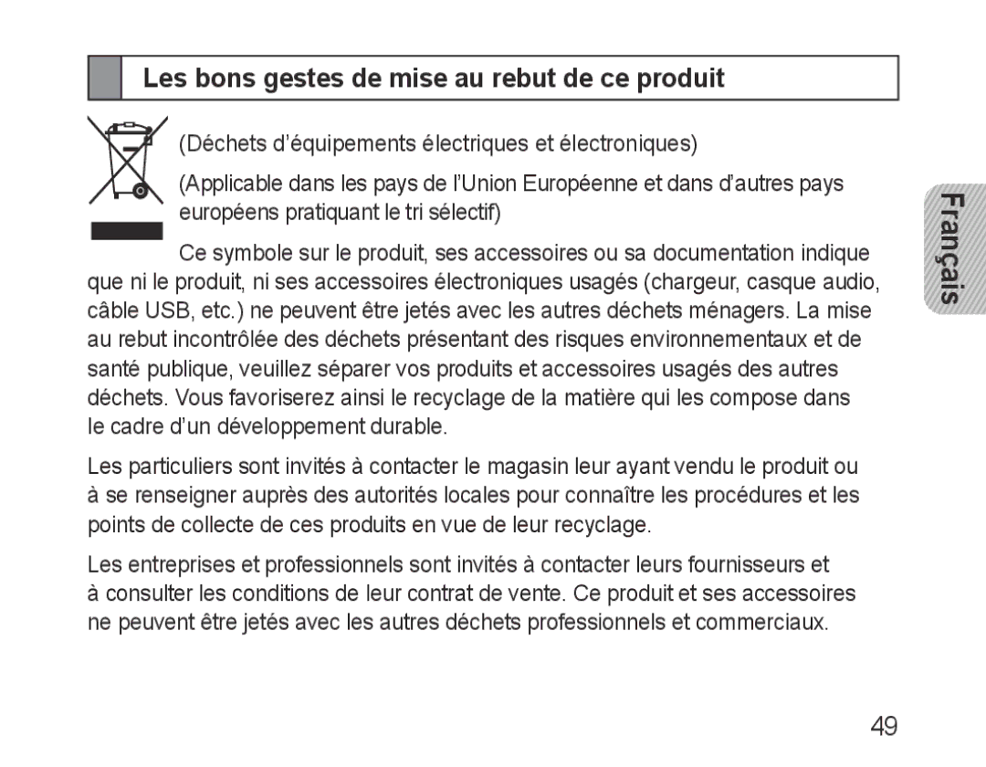 Samsung BHF1000VBECXET, BHF1000VBECXEF, BHF1000VMECFOP, BHF1000VBECFOP manual Les bons gestes de mise au rebut de ce produit 