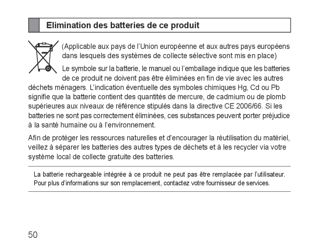 Samsung BHF1000VMECFOP, BHF1000VBECXEF, BHF1000VBECXET, BHF1000VBECFOP manual Elimination des batteries de ce produit 