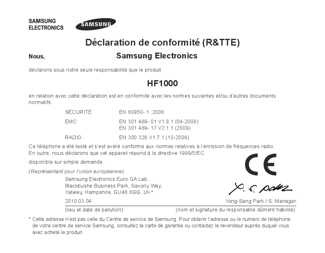 Samsung BHF1000VBECXSG, BHF1000VBECXEF manual Déclaration de conformité R&TTE, Représentant pour l’union européenne 