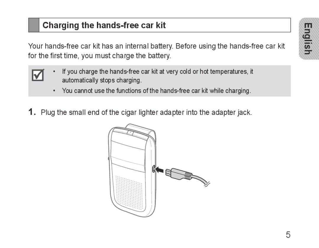 Samsung BHF1000VBECSEB, BHF1000VBECXEF, BHF1000VBECXET, BHF1000VMECFOP, BHF1000VBECFOP manual Charging the hands-free car kit 