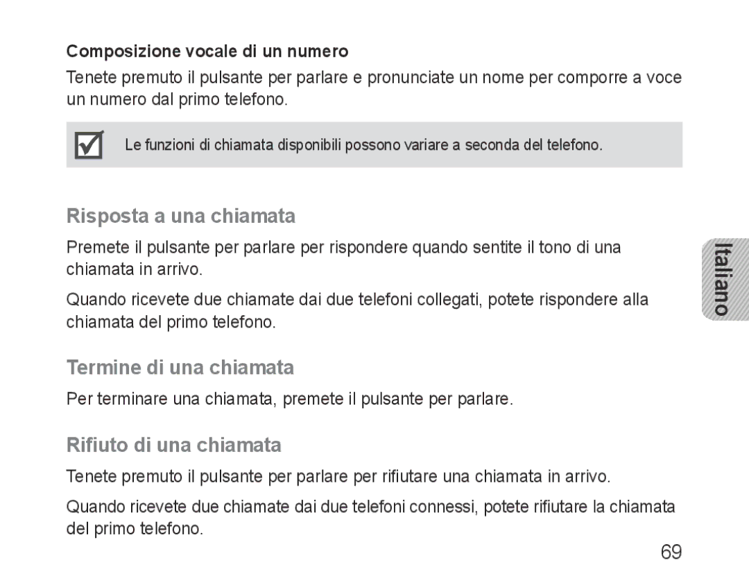 Samsung BHF1000VBECXET, BHF1000VBECXEF manual Risposta a una chiamata, Termine di una chiamata, Rifiuto di una chiamata 