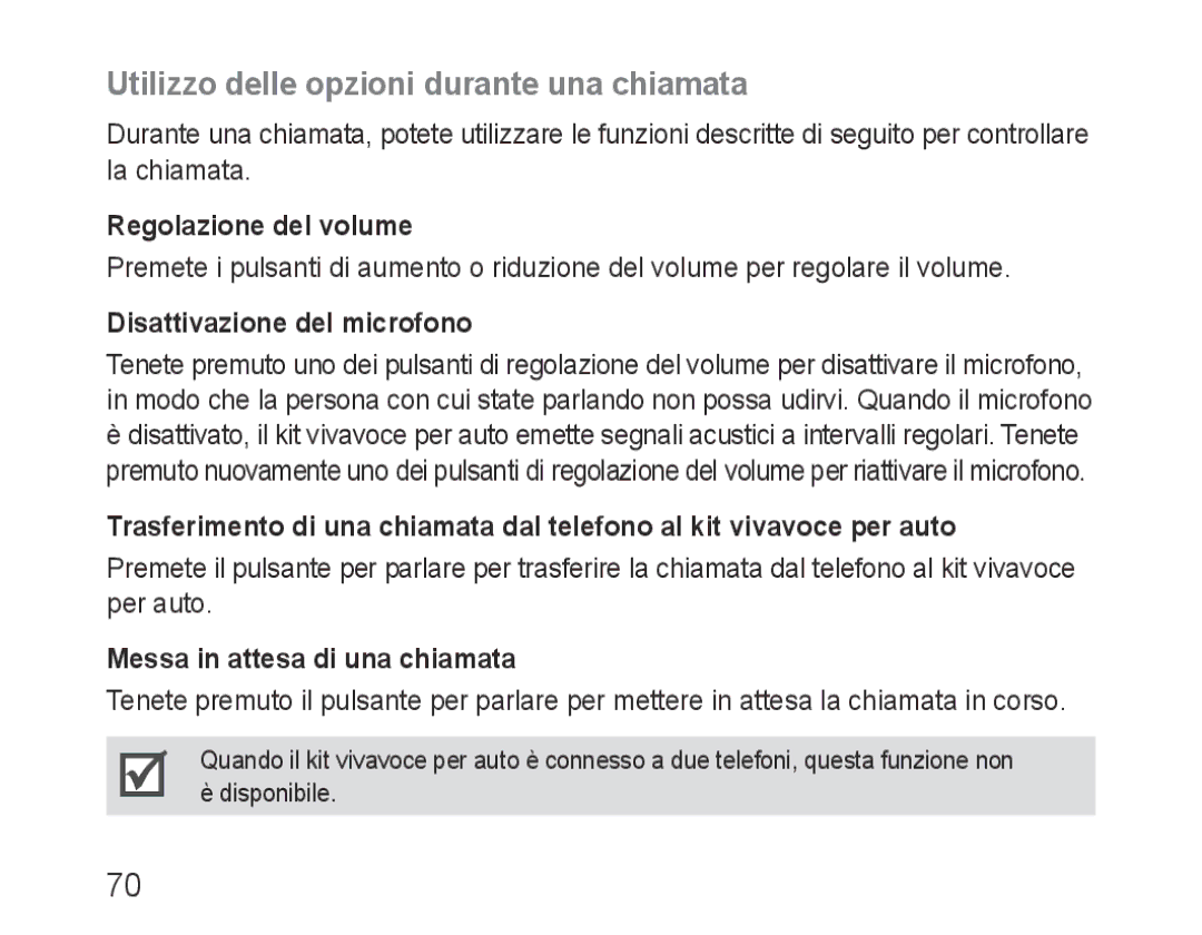 Samsung BHF1000VMECFOP Utilizzo delle opzioni durante una chiamata, Regolazione del volume, Disattivazione del microfono 