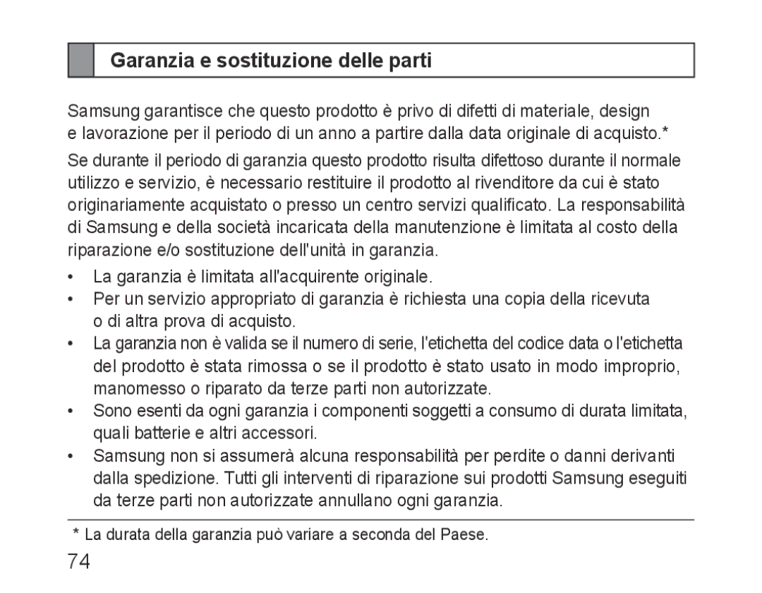 Samsung BHF1000VBECXEH, BHF1000VBECXEF, BHF1000VBECXET, BHF1000VMECFOP, BHF1000VBECFOP Garanzia e sostituzione delle parti 