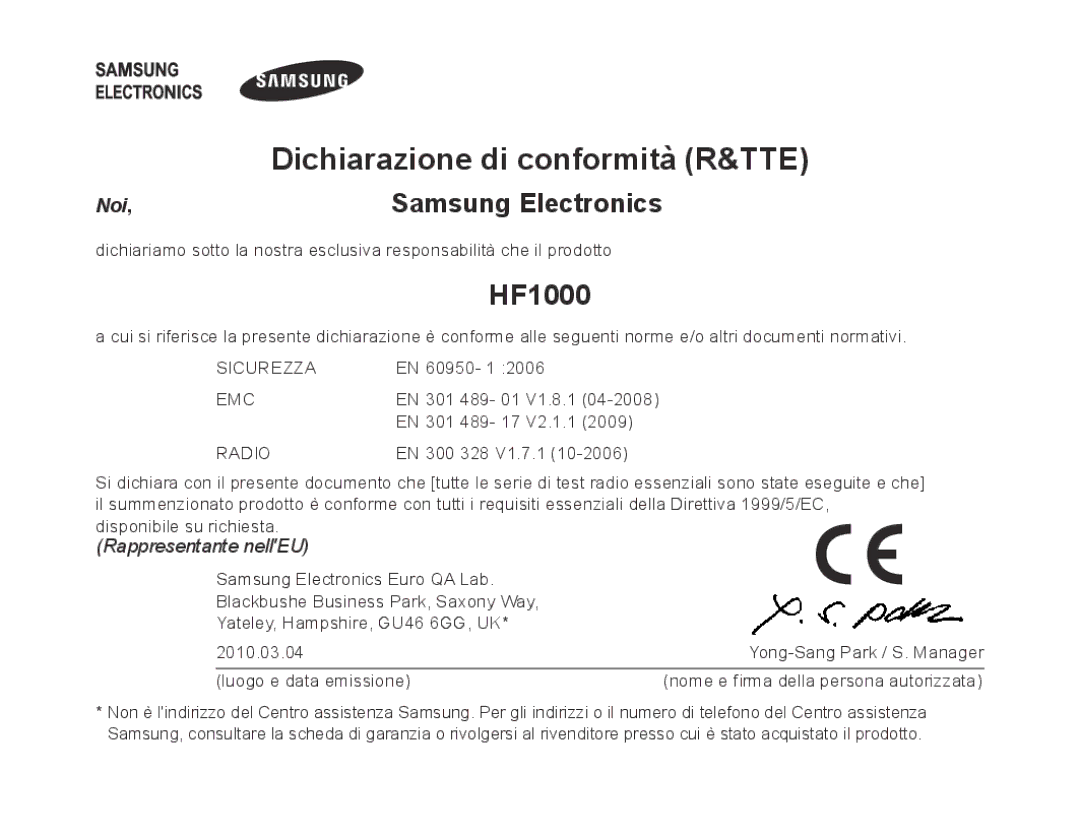 Samsung BHF1000VBECXEF, BHF1000VBECXET, BHF1000VMECFOP, BHF1000VBECFOP, BHF1000VBECXSG manual Dichiarazione di conformità R&TTE 