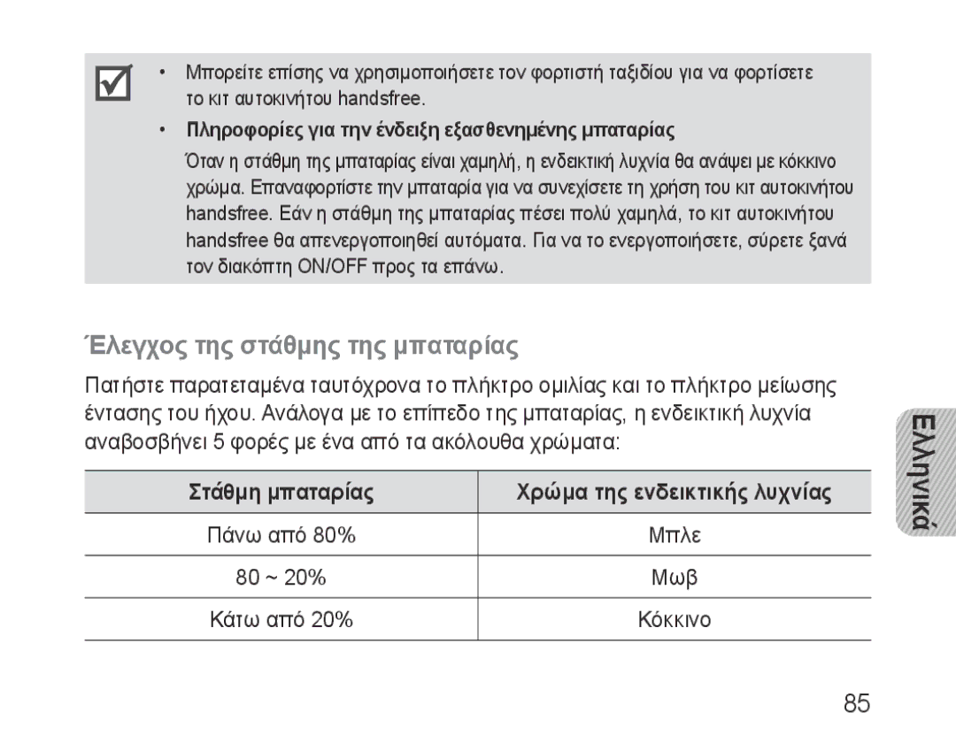 Samsung BHF1000VBECSEB, BHF1000VBECXEF Έλεγχος της στάθμης της μπαταρίας, Στάθμη μπαταρίας Χρώμα της ενδεικτικής λυχνίας 