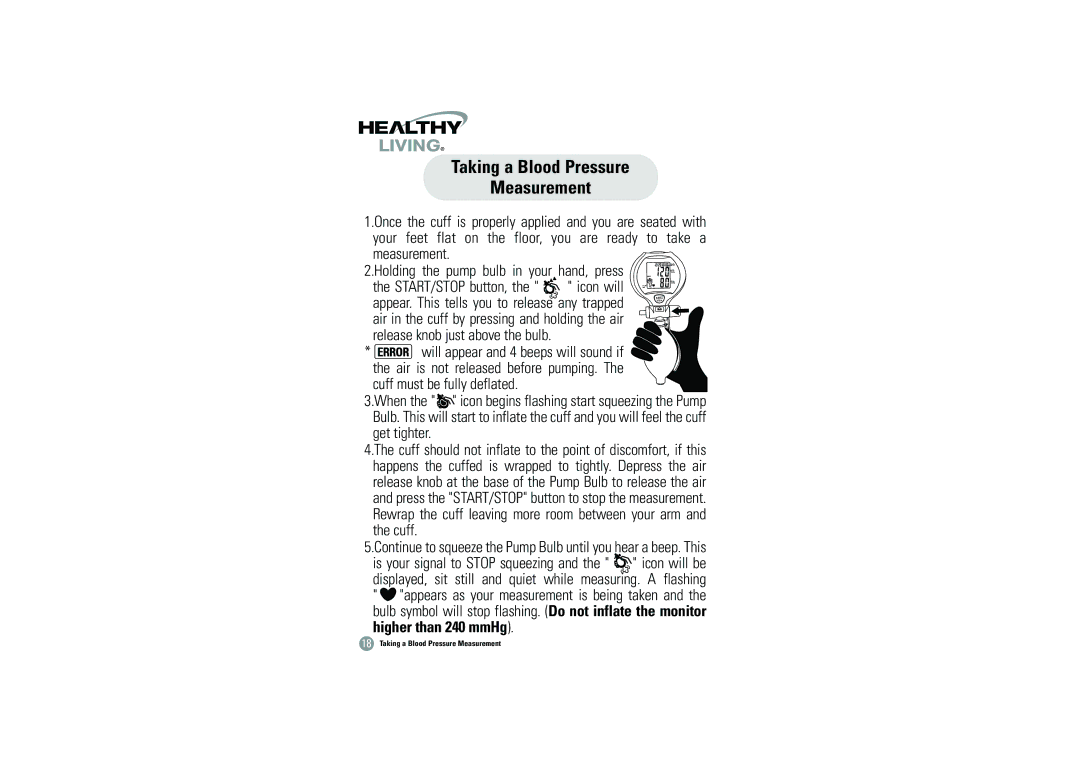 Samsung BHM-1008 Taking a Blood Pressure Measurement, Holding the pump bulb in your hand, press, Higher than 240 mmHg 