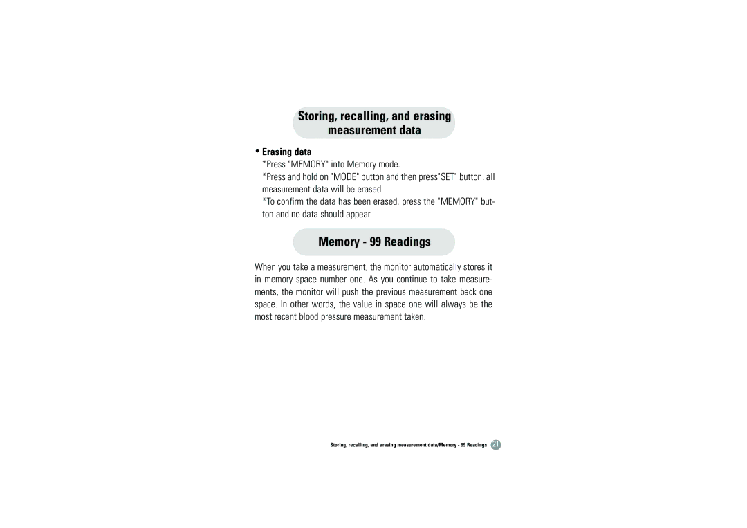 Samsung BHM-1008 owner manual Memory 99 Readings, Erasing data 