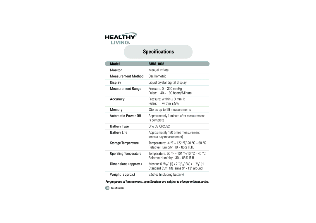 Samsung owner manual Specifications, Model BHM-1008 