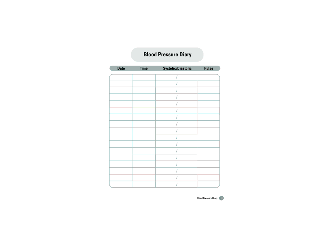 Samsung BHM-1008 owner manual Blood Pressure Diary 