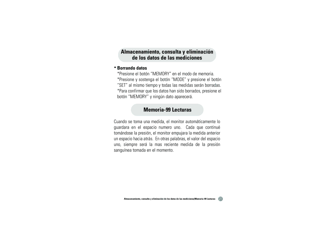 Samsung BHM-1008 owner manual Memoria-99 Lecturas, Borrando datos 