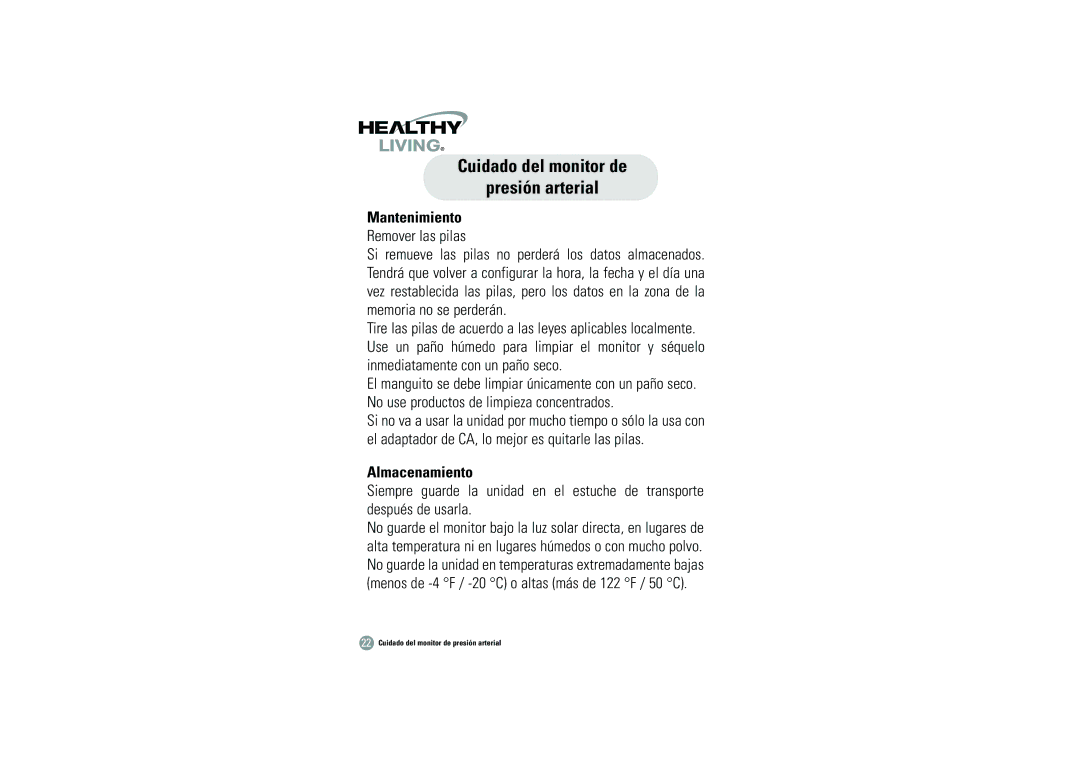 Samsung BHM-1008 owner manual Cuidado del monitor de Presión arterial, Almacenamiento 