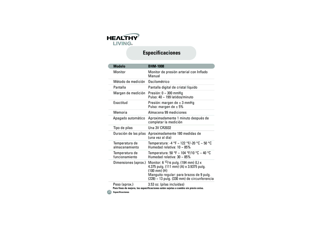 Samsung owner manual Especificaciones, Modelo BHM-1008 