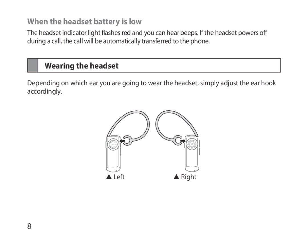 Samsung BHM1000EWECSKZ, BHM1000JBEGJED, BHM1000BBBCAFR, BHM1000JWEGJED When the headset battery is low, Wearing the headset 