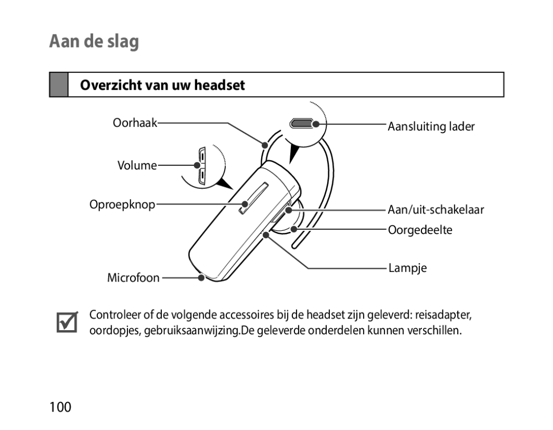 Samsung BHM1000JWECJED, BHM1000JBEGJED, BHM1000BBBCAFR, BHM1000JWEGJED, BHM1000EBECXSG Aan de slag, Overzicht van uw headset 