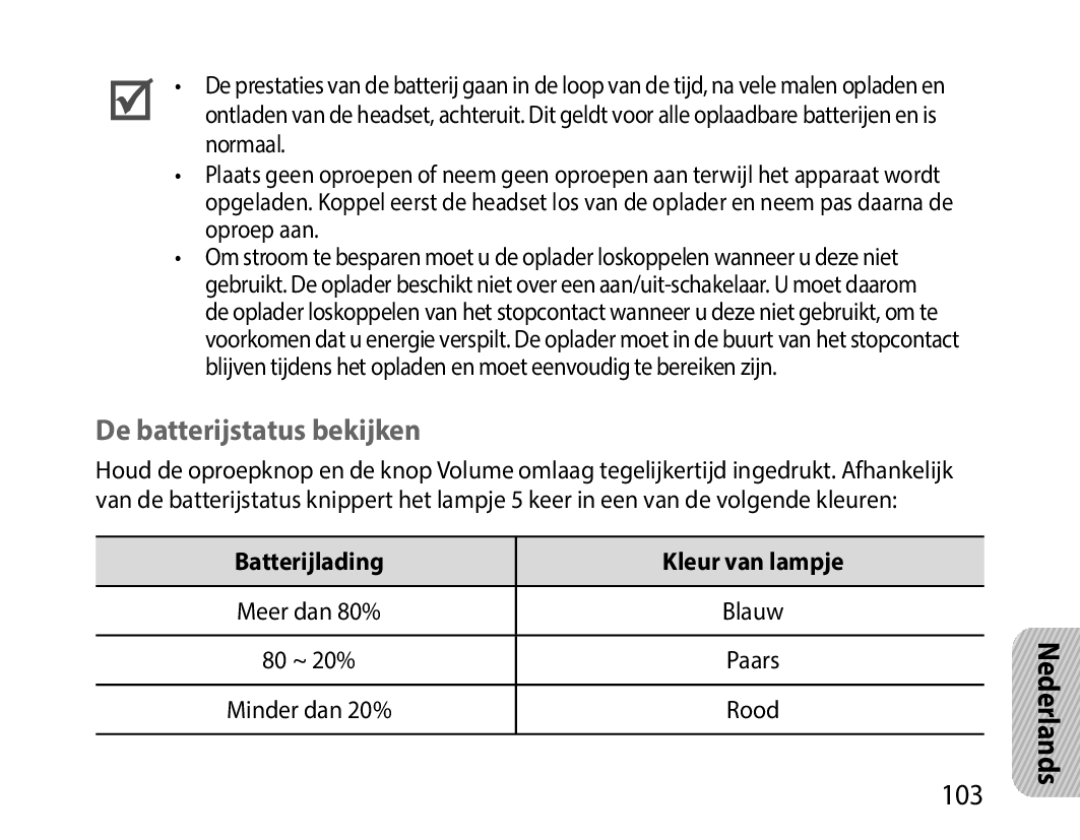 Samsung BHM1000EBECLEV, BHM1000JBEGJED, BHM1000BBBCAFR manual De batterijstatus bekijken, Batterijlading Kleur van lampje 