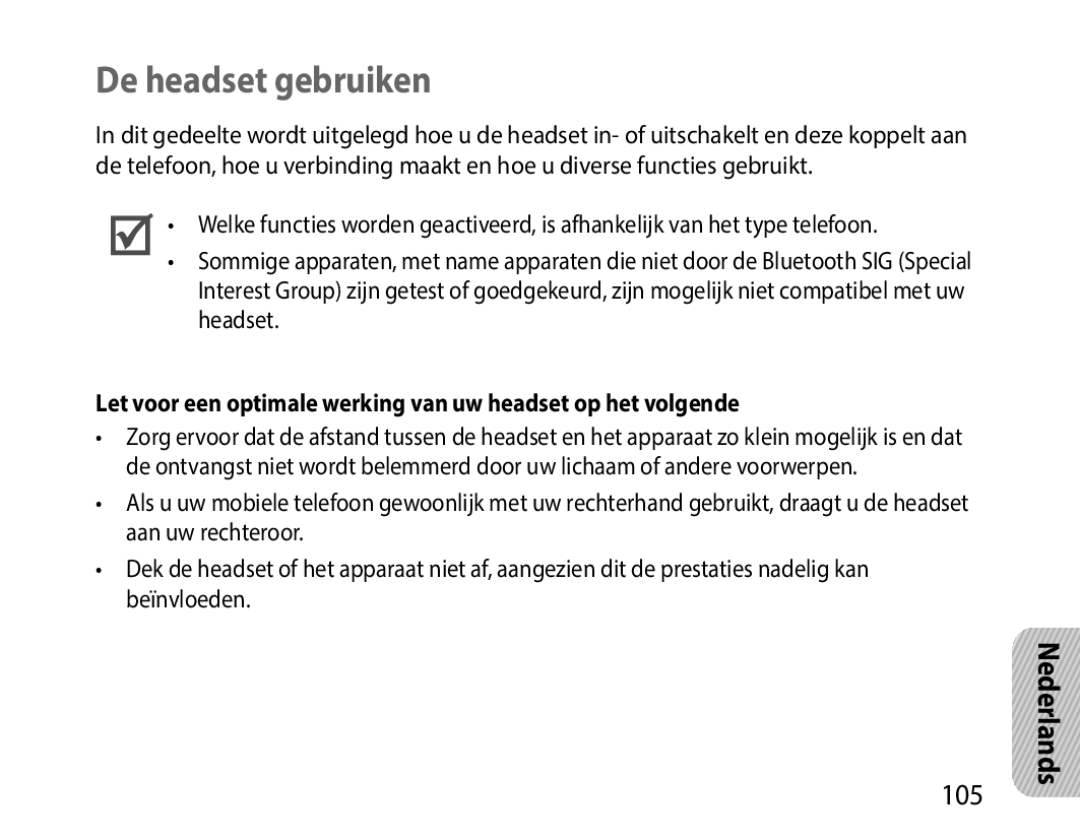 Samsung BHM1000UWECJED, BHM1000JBEGJED De headset gebruiken, Let voor een optimale werking van uw headset op het volgende 