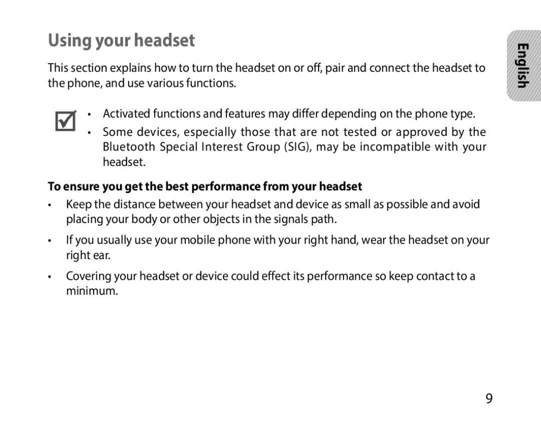 Samsung BHM1000UWECJED, BHM1000JBEGJED manual Using your headset, To ensure you get the best performance from your headset 