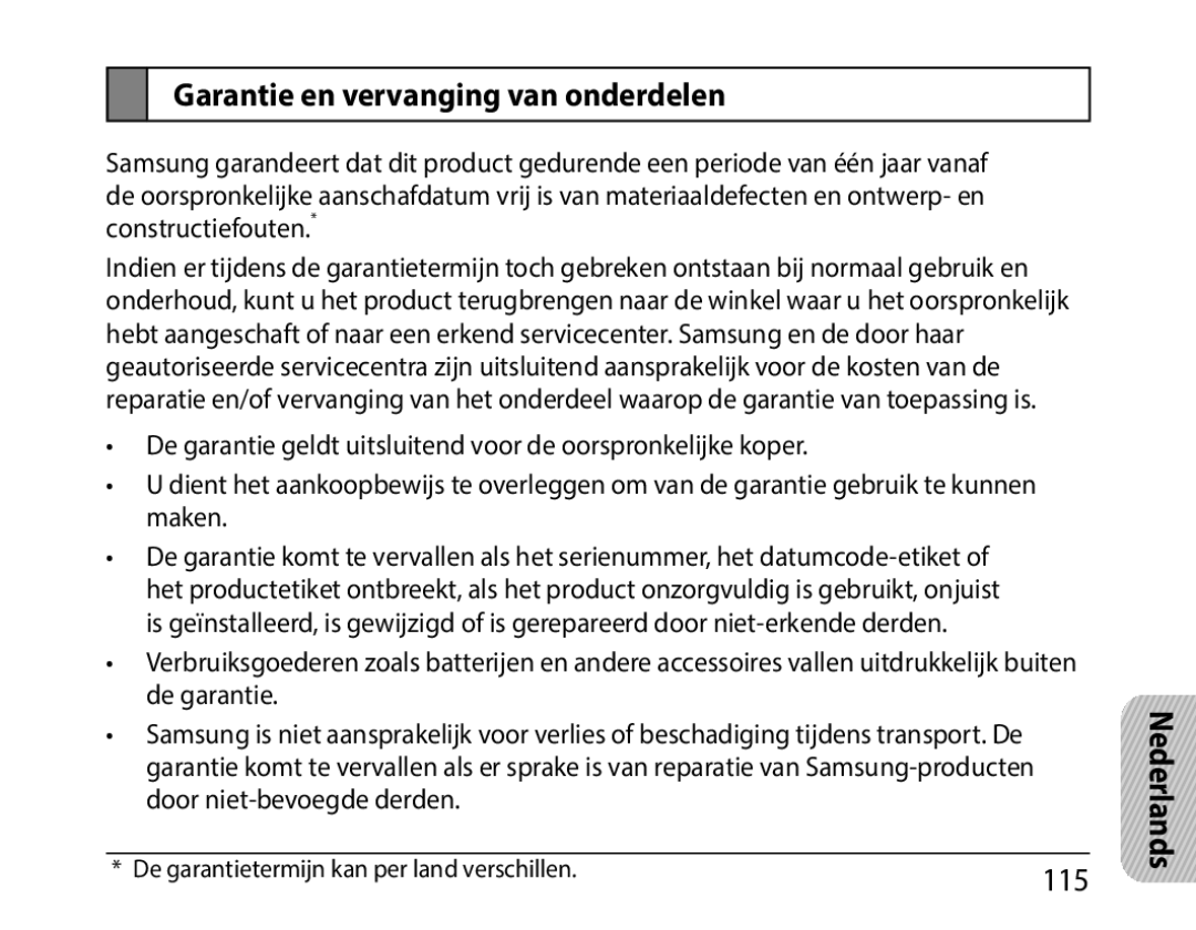 Samsung BHM1000EBECLEV, BHM1000JBEGJED, BHM1000BBBCAFR, BHM1000JWEGJED, BHM1000EBECXSG Garantie en vervanging van onderdelen 