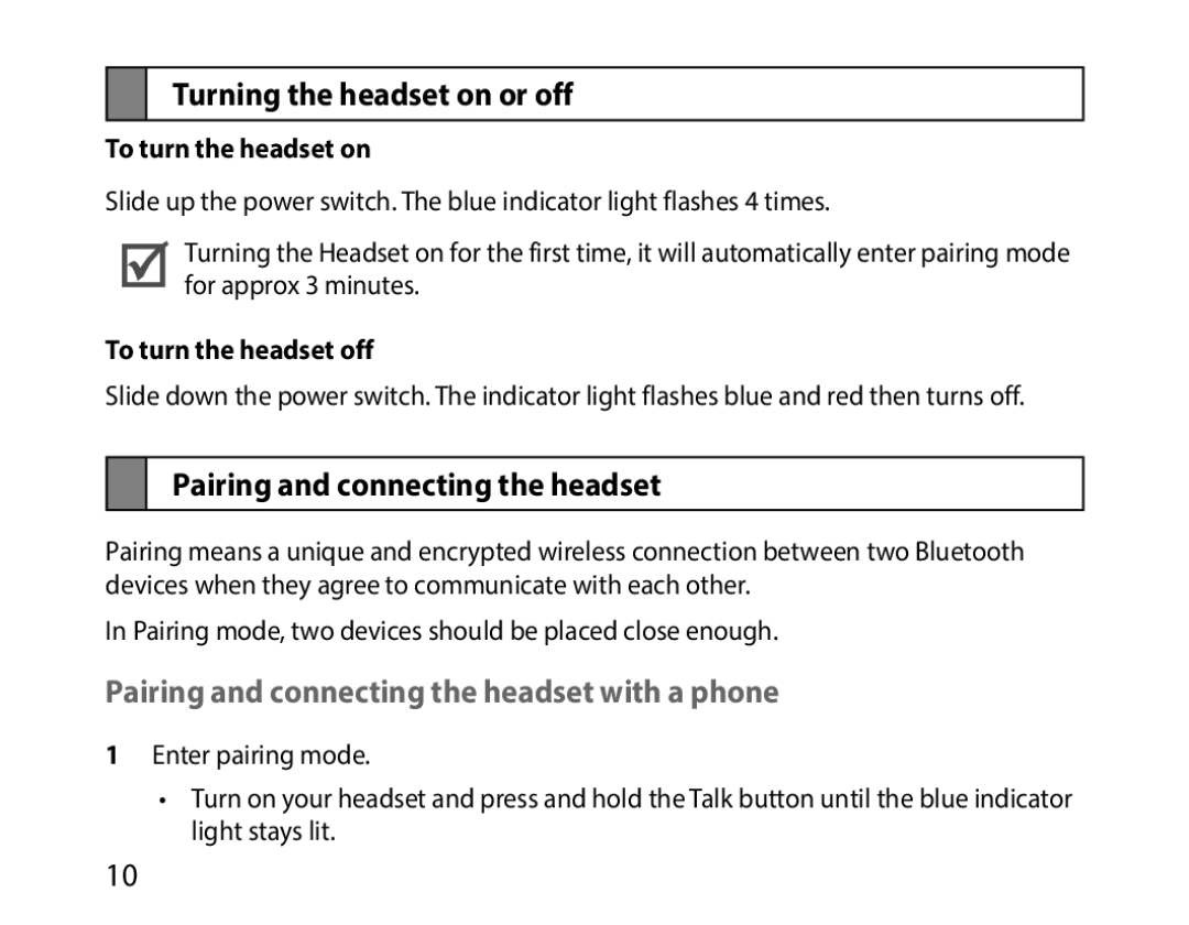 Samsung BHM1000JBEGJED manual Turning the headset on or off, Pairing and connecting the headset, To turn the headset on 