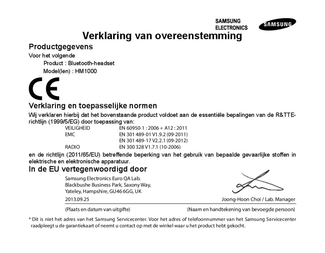 Samsung BHM1000BBBCAFR, BHM1000JBEGJED Productgegevens, Verklaring en toepasselijke normen, De EU vertegenwoordigd door 