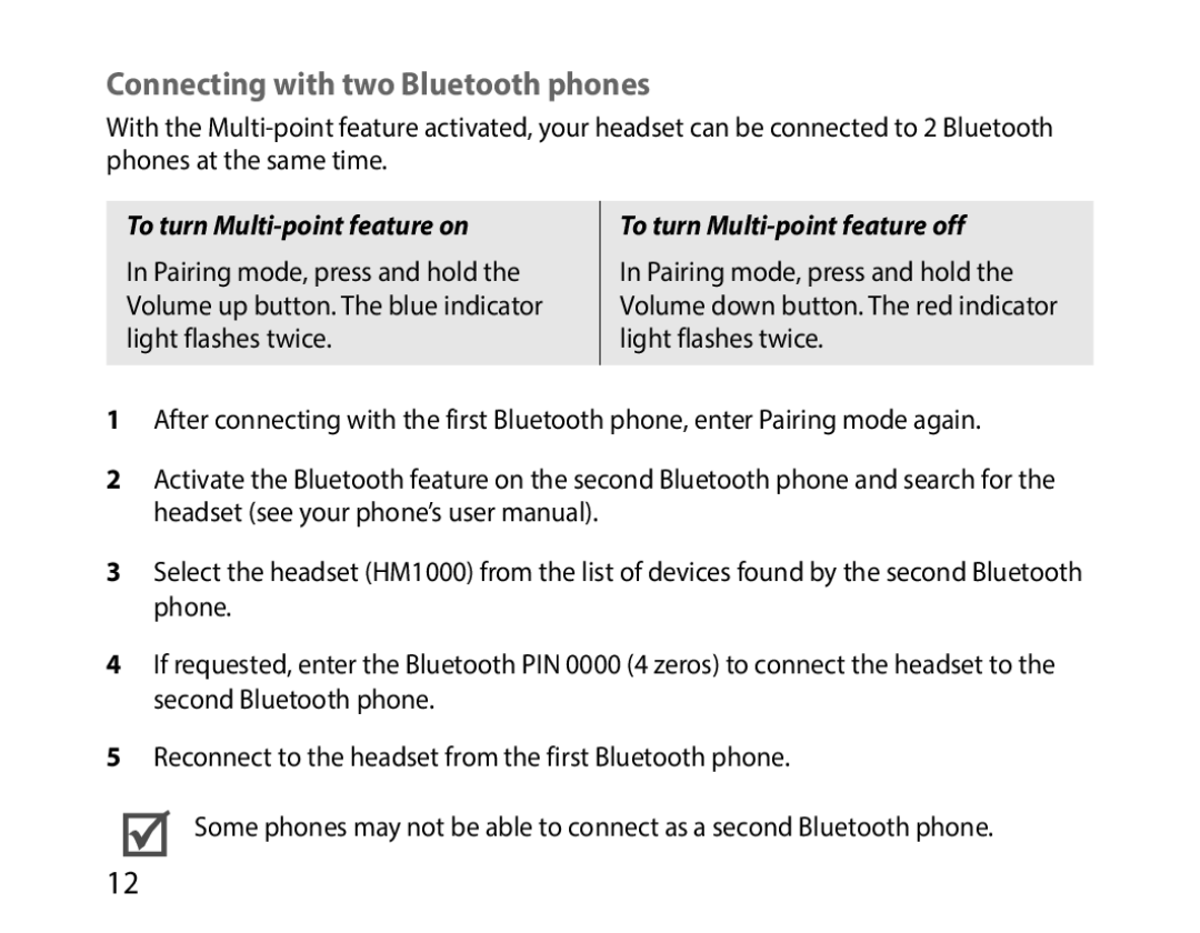 Samsung BHM1000JWEGJED, BHM1000JBEGJED manual Connecting with two Bluetooth phones, To turn Multi-point feature off 