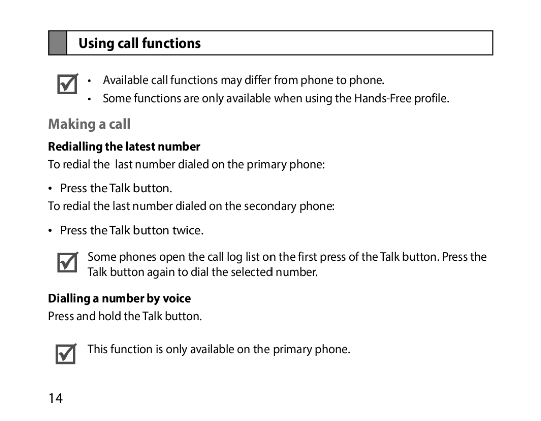 Samsung BHM1000JBECJED manual Using call functions, Making a call, Redialling the latest number, Dialling a number by voice 