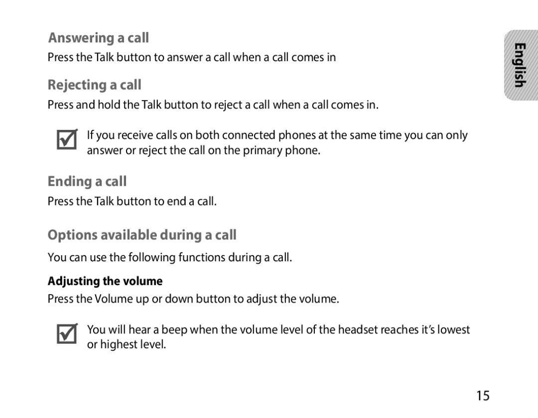 Samsung BHM1000UBECJED, BHM1000JBEGJED Answering a call, Rejecting a call, Ending a call, Options available during a call 