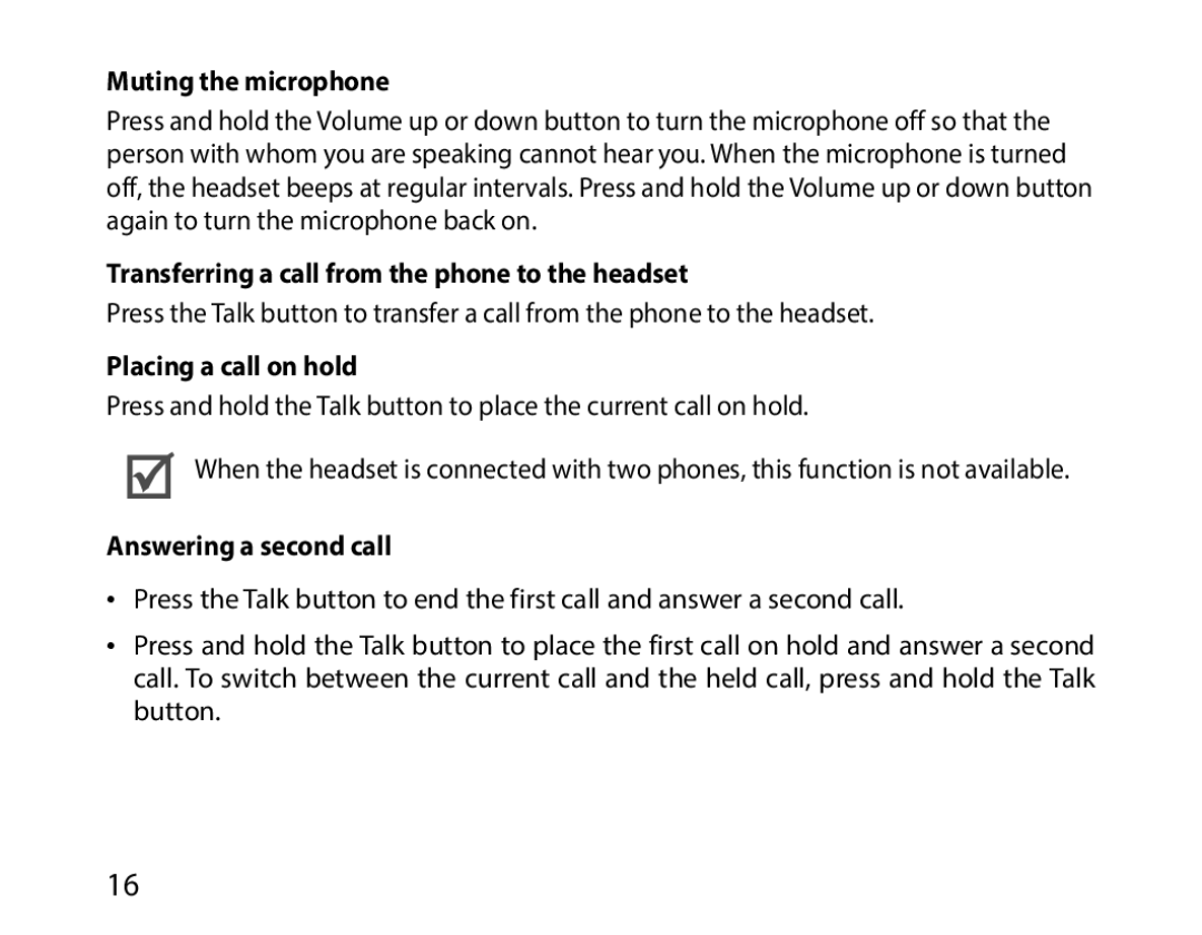 Samsung BHM1000JWECJED Muting the microphone, Transferring a call from the phone to the headset, Placing a call on hold 