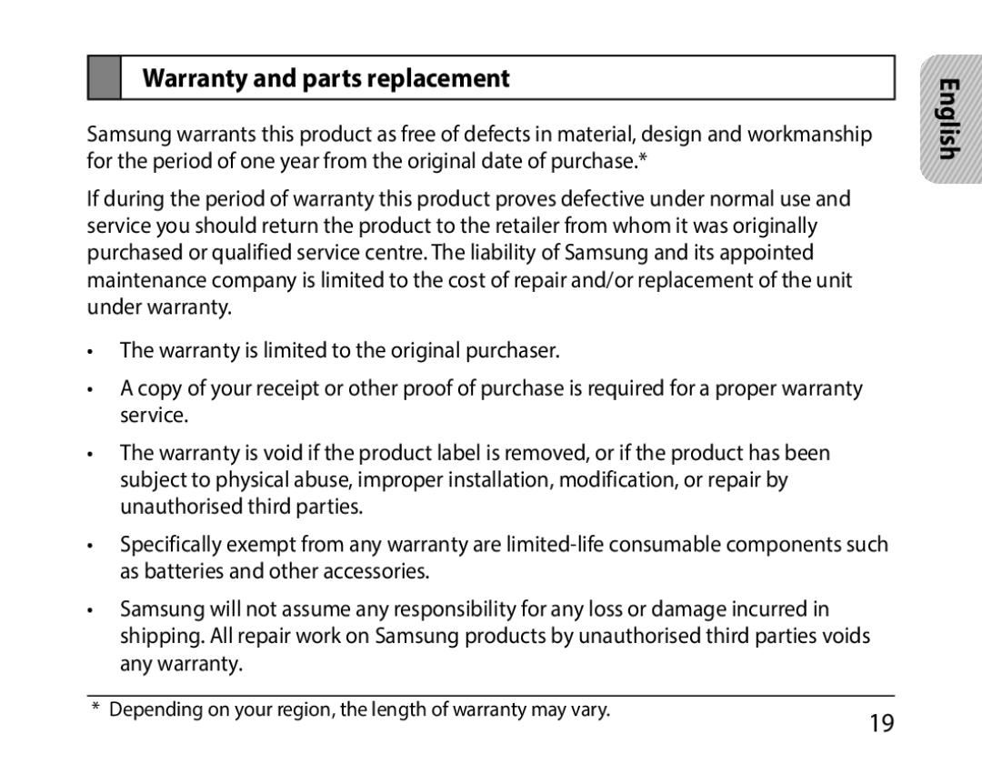 Samsung BHM1000EBECLEV, BHM1000JBEGJED, BHM1000BBBCAFR, BHM1000JWEGJED, BHM1000EBECXSG manual Warranty and parts replacement 