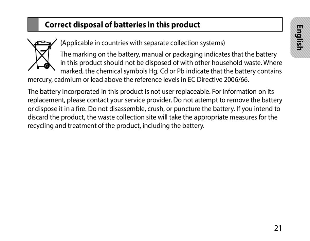 Samsung BHM1000UWECJED, BHM1000JBEGJED, BHM1000BBBCAFR, BHM1000JWEGJED manual Correct disposal of batteries in this product 