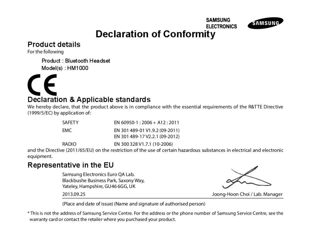 Samsung BHM1000BBBCAFR, BHM1000JBEGJED manual Product details, Declaration & Applicable standards, Representative in the EU 