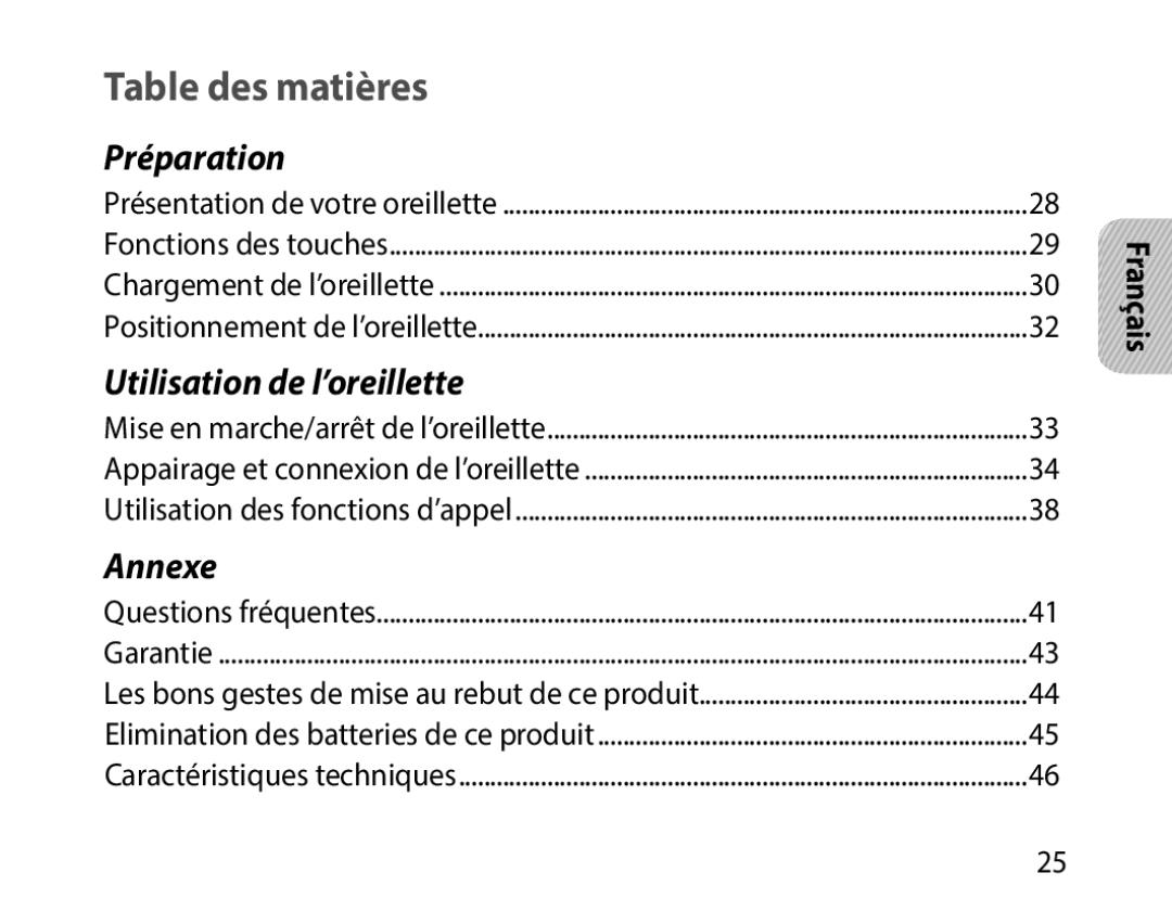 Samsung BHM1000EBECXSG, BHM1000JBEGJED, BHM1000BBBCAFR, BHM1000JWEGJED, BHM1000JBECJED manual Table des matières, Français 