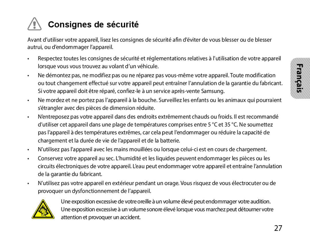 Samsung BHM1000UBECJED, BHM1000JBEGJED, BHM1000BBBCAFR, BHM1000JWEGJED, BHM1000EBECXSG, BHM1000JBECJED Consignes de sécurité 