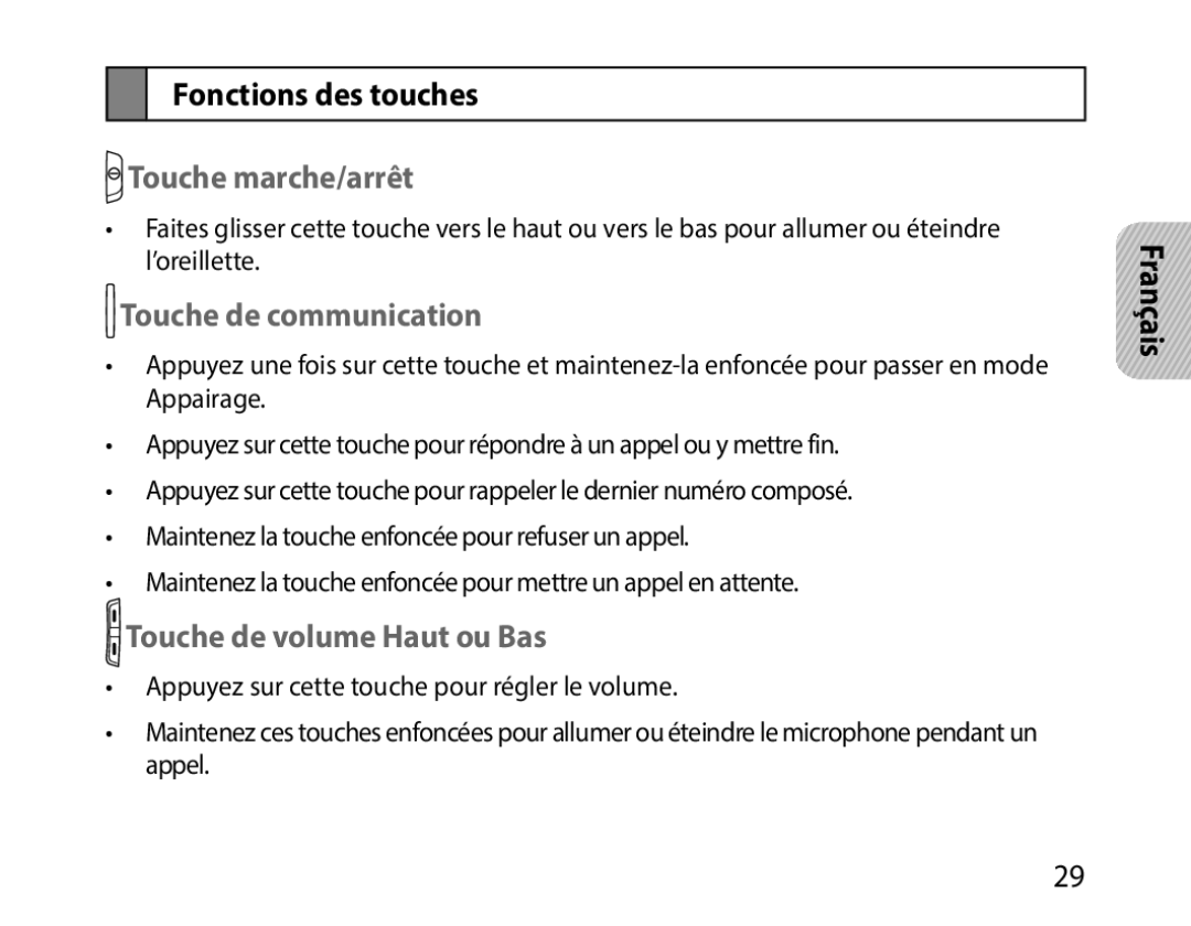 Samsung BHM1000EWECXSG Fonctions des touches, Touche marche/arrêt, Touche de communication, Touche de volume Haut ou Bas 