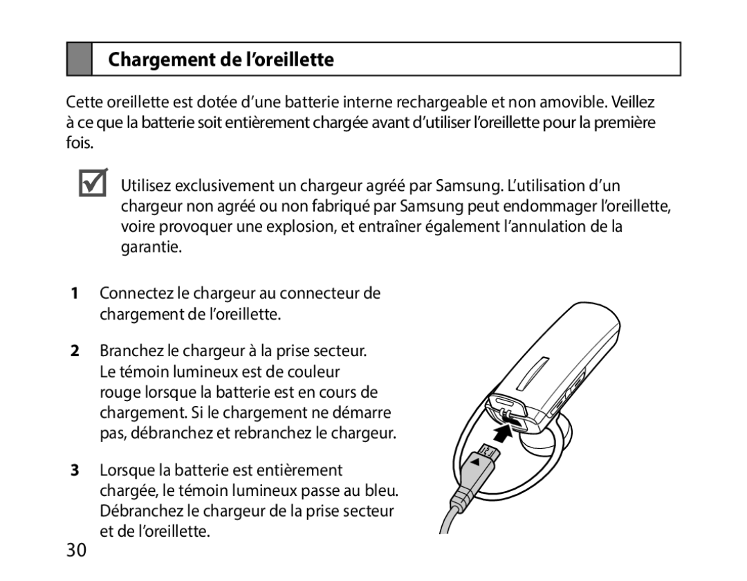 Samsung BHM1000EBECMMC, BHM1000JBEGJED, BHM1000BBBCAFR, BHM1000JWEGJED, BHM1000EBECXSG manual Chargement de l’oreillette 