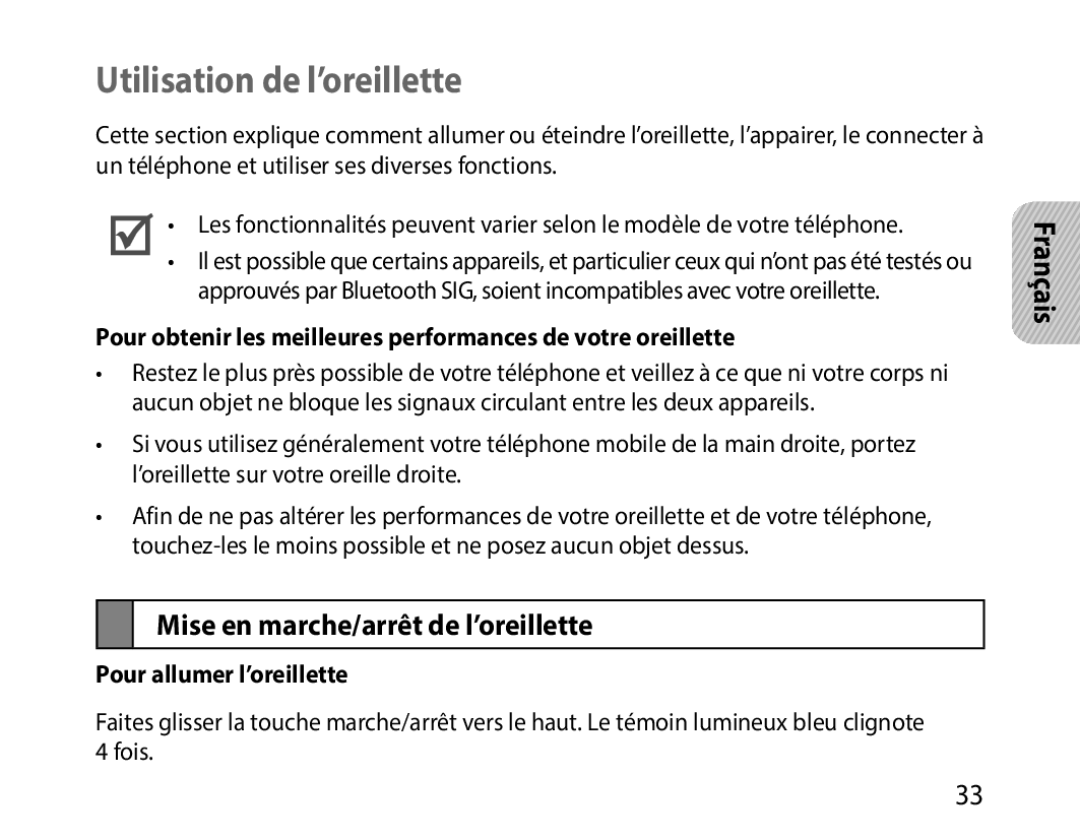 Samsung BHM1000UWECJED manual Utilisation de l’oreillette, Mise en marche/arrêt de l’oreillette, Pour allumer l’oreillette 