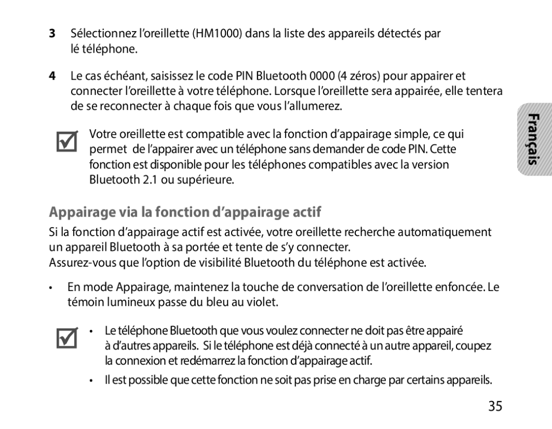 Samsung BHM1000BBBCAFR, BHM1000JBEGJED, BHM1000JWEGJED, BHM1000EBECXSG manual Appairage via la fonction d’appairage actif 